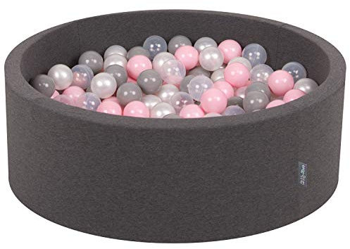 KiddyMoon OK30D-225 Bällebad 90X30cm/200 Bälle ∅ 7Cm Bällepool Mit Bunten Bällen Für Babys Kinder Rund, Dunkelgrau:Perle/Grau/Transparent/Rosa