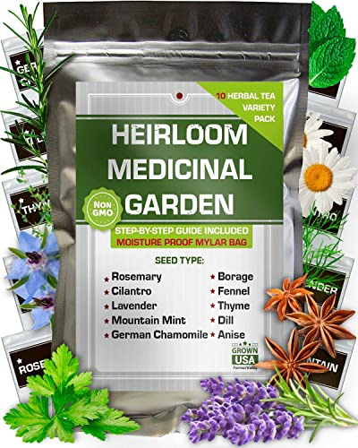 10 Medicinal Herb Seeds - Heirloom, Non GMO, USA Made - 2050 Most Needed Herbal and Medical Tea Seeds Pack for Planting Indoors and Outdoors - Lavender, Mountain Mint, Chamomile & More