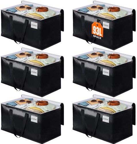 BlissTotes Collapsible Moving Bags - Heavy Duty Boxes with Zippers and Handles, Space Saving Packing Totes for Moving Supplies Storage (93L, 6-Pack, Black)