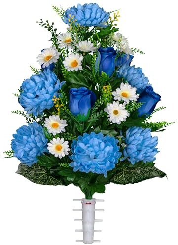 Flowers For Cemeteries - 23 Blue Rose and Light Blue Mum - Sympathy Silks