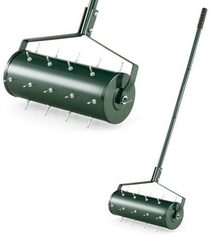 RELAX4LIFE Arieggiatore per Prato con Rullo da 44 cm/52 cm, 27/33 Punte Antiruggine da 3,4 cm, Aeratore da Prato con Manico Lungo, Ideale per Cortili, Giardini e Prato (Larghezza: 44 cm, Verde)