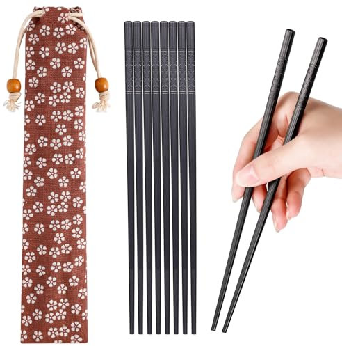 SPARKA 5 Paar Fiberglas Essstäbchen, Spülmaschinenfest, Wiederverwendbar, Japanische Stäbchen, Schwarz