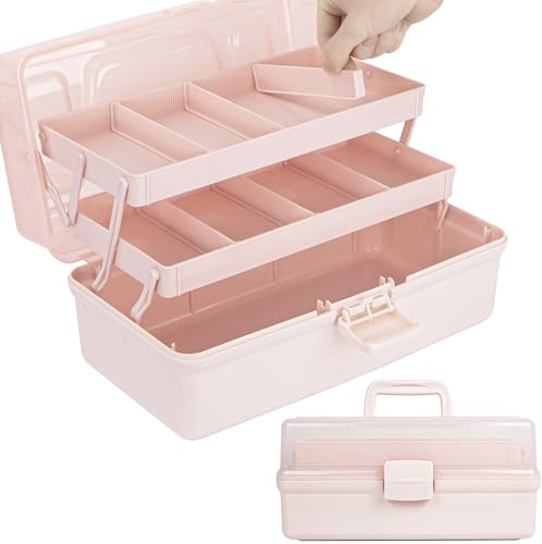 Creahaus 32cm 3-Regal Mehrzweck-Aufbewahrungsbox, Sortierbox, Organizer Box, Bastelbox, Nähkasten, Medizinkoffer, Toolbox, Angelkoffer mit 2 Regalen (Rosa)