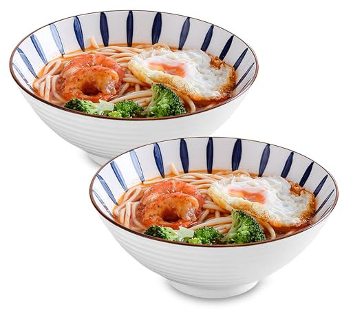 Goldmeet Lot de 2 grands bols à ramen en céramique de 1 200 ml inspirés de bols à soupe pour dessert, céréales, nouilles, porridge, soupe thaïlandaise Udon Wonton, blanc (20 cm), passe au