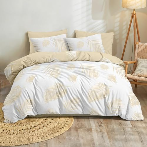 Dreamzie Housse de Couette 220x240 cm avec 2 Taies d'oreiller 50x70 cm, Motif Feuilles de Palmier Tropicales Beige Blanc, Parure de Lit en Microfibre 220x240 avec Fermeture Éclair, Oeko TEX