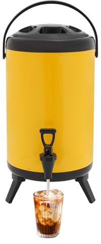 OUBUBY Isolerat fat i rostfritt stål, dubbelväggig dryckesdispenser med kran, 10 l varm- och kalldryckesdispenser av rostfritt stål, lämplig för festdrycker (gul)