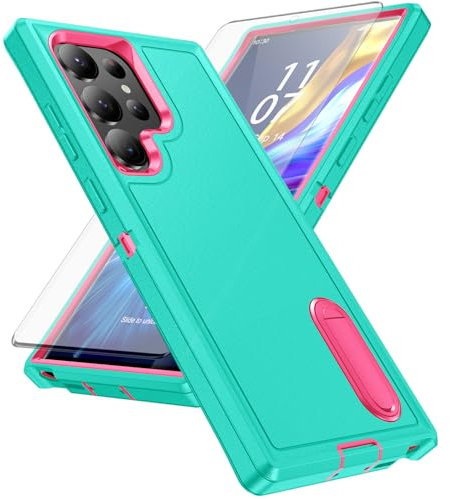 Asuwish Custodia per Samsung Galaxy S23 Ultra 5G con pellicola protettiva per lo schermo, custodia ibrida nascosta robusta antiurto rigida protettiva S23Ultra 23S S 23 23Ultra 6,8 pollici (ciano+rosa