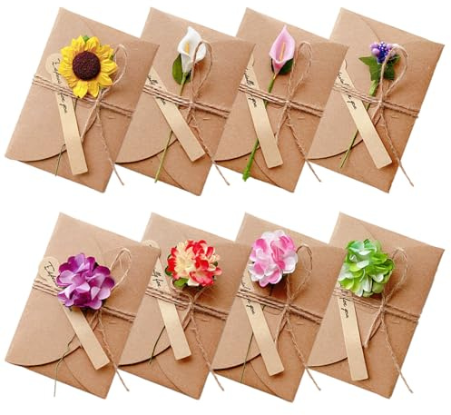 RXKFIGX 8 Pcs Tarjeta de Felicitación, Postales Vintage con Flores Secas Decoradas Postales,Tarjeta Regalo,Tarjetas Felicitación Personalizadas,Tarjeta Kraft Felicitacion Para Cumpleaños Navidad Boda
