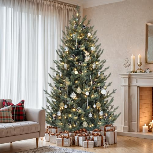 YITAHOME Albero di Natale artificiale da 180 cm con telecomando, Albero di Natale pre-decorato con tecnologia a cerniera, 1176 punte miste PE/PVC, 35 pigne, 300 luci e 11 modalità di illuminazione