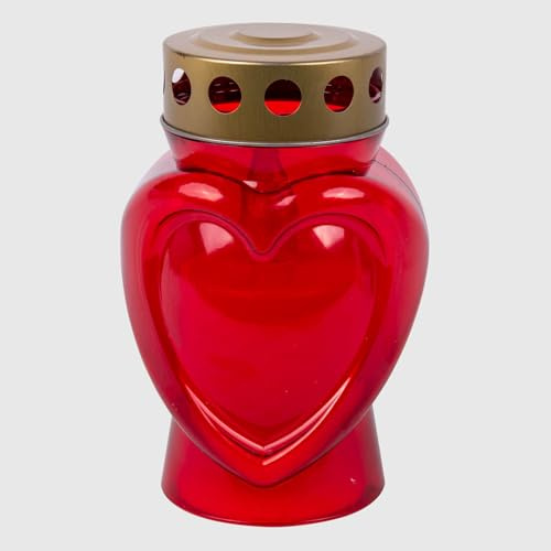 Generico Lumino Elettrico a Forma di Cuore Rosso – 150 Giorni di Durata – Candela LED Cimitero con Luce Intermittente, Batteria Inclusa, Per Defunti, Interno ed Esterno – Ø 6,5 x H 14,5 cm