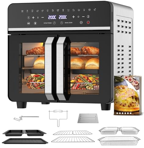 Friggitrice ad Aria 23L XXL Mini Forno con Porte alla Francese, 2600W Air Fryer Dual Zone con Smart-Touch, Sync Finish, 15 Programmi, Ricettario & 13 Accessori Inclusi, Metallo