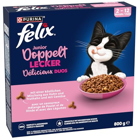 Felix Dubbel läckra junior kattmat torr med kyckling, kalkon och grönsaker, 5-pack (5 x 800 g)