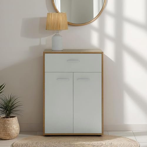 CARO-Möbel Kommode Sideboard Schrank Tommy in Sonoma Eiche/weiß, Anrichte Highboard mit Schublade und 2 Türen