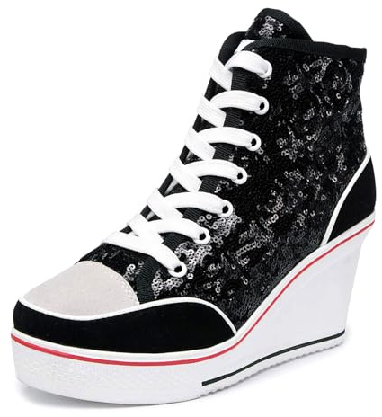 Jiu du Women's Glitter Sneakers Platform Wedge Sneaker Sparkly Sequin High Top Lace Up Sneakers Bling Wedding Dressy Tennis Shoes Black Sequin Size US8.5 EU41