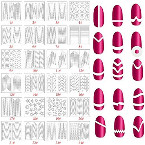 Petyoung 24 Feuilles Nail Art Autocollant, Outil de manucure Nail Art pochoirs français Astuce Guides Autocollants Forme Fringe Guides Vinyle