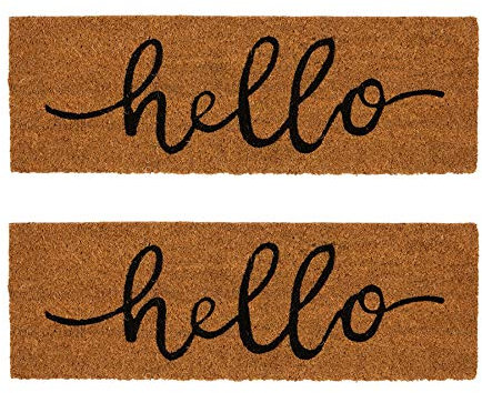 Nicola Spring Coir Step Mats - 60 x 20cm - Hello - Pack of 2 - Decorative Indoor Front Door Mat Entry Dirt Trapper Rug Outdoor Boot Scraper Non Slip Backing Doormat