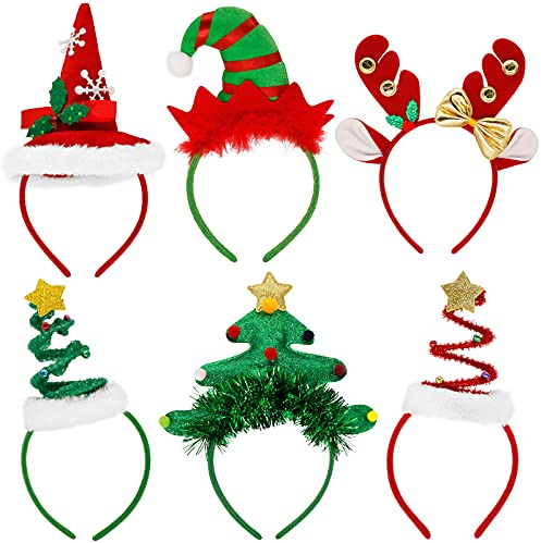 Yiezio Christmas Headbands 6Pcs, Flexibility to Fit, Christmas Tree Headband with Bells, Reindeer Antler Xmas Tree Head Hat Toppers, Xmas Fancy Costume Headband Hats for Holiday Supplies