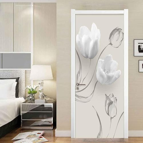 Adesivo Per Porte 3D Per Porte Interne, 77X200Cm Fiori Bianchi Alla Moda Fotomurali Autoadesivi Per Porte In Vinile, Carta Da Parati Soggiorno Cucina Camerette Art Applique