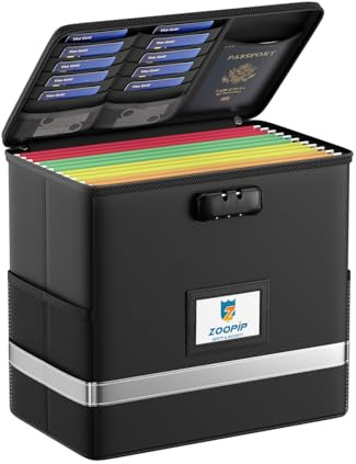 ZOOPIP Fireproof File Box with Lock, Document Box Storage Organizer, Suitable for Hanging File Folders in Letter Size, Collapsible File Box, Reflective Strip for Fast Find (12.2*6*10.2, Black)