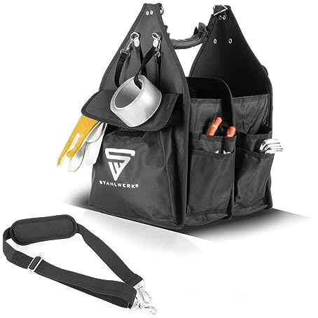 STAHLWERK Werkzeugtasche mit 11 Außentaschen und 2 großen Innenfächern mit jeweils 5 Innentaschen, robuste Montagetasche/Werkzeugkoffer/Werkzeugbeutel mit Tragegriff und Schultergurt