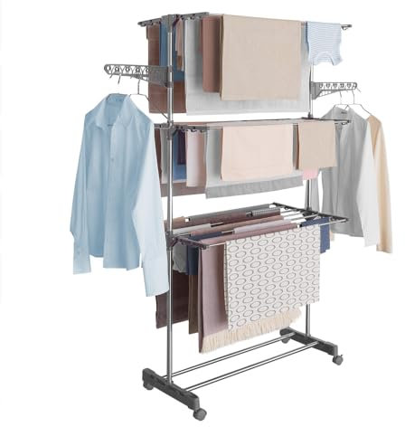 FACILITYS - Etendoir Linge Interieur - Capacité Étendage 16 m, Sechoir a Linge Pliable à roulettes 81 x 139 x 170 cm - Étendoir à Linge en Acier Inoxydable Intérieur, Extérieur - Stable, Solide