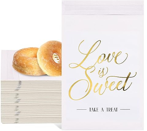 AnyDesign 200 Pack Wedding Favor Buffet Bags Gold Foil Love is Sweet White Kraft Paper Treat Bags Self-Adhesive Candy Cookie Bag for Bridal Shower Birthday Party Supplies, 5 x 7 Inch