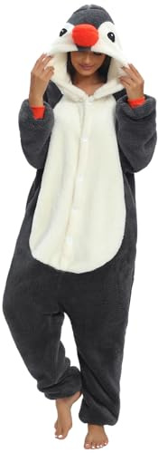 chuangminghangqi Pyjama Barboteuse Combinaison Animal Adulte Unisexe Costume Onesie Sleepwear Jumpsuit Vêtement Nuit Capuche Grenouillère Loungewear Chaud Douce Party Fête Soirée (Pingouin,XL)