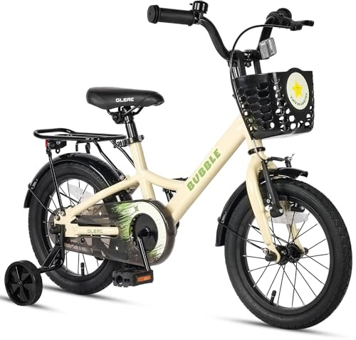 Glerc Bubble 14 Zoll Kinderfahrrad für 3 4 5 6 Jahre alte Jungen und Mädchen mit Korbstabilisatoren und Gepäckträger, Beige