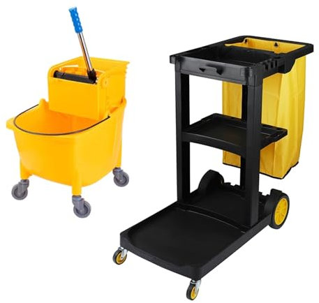 Carro de Limpieza Profesional Multifuncional,Trolleys Móviles,Cubo de fregado Profesional, Carro de limpieza viaria,para hotel, gastronomía, limpiador de edificios(Package B,Black)