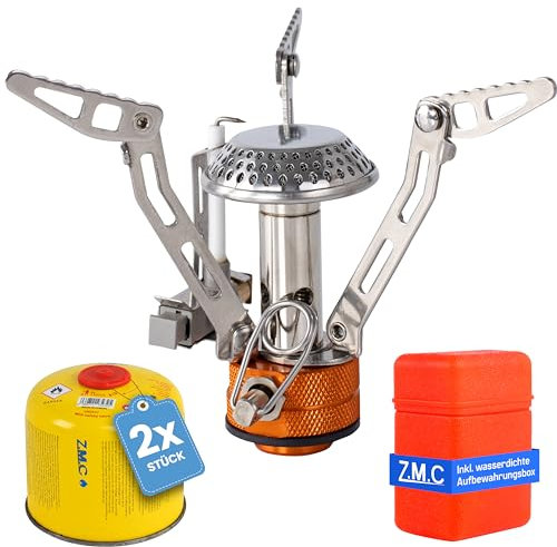 Z.M.C Klappbarer Mini Campingkocher 3200W + Transportdose + 2 STK. Gaskartuschen 300g, Gaskocher Set, Faltbarer Campinggaskocher mit Piezozündung