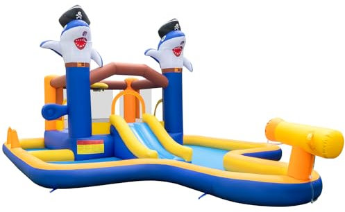 LIFEZEAL Château Gonflable avec Toboggan pour Enfants 3-10 Ans, Parc Aquatique Thème du Requin avec Piscine et Zone de Saut, Intérieur et Extérieur, 578x408x250 cm, Charge 45+45 kg (sans souffleur)