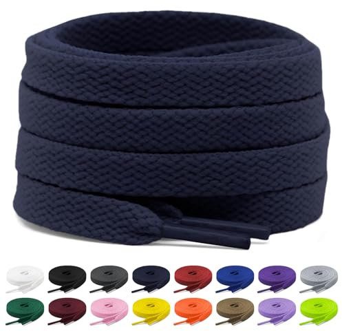 Shecret 2 Paires Lacets Chaussures Plats, Lacets Plats de 8mm de Large, Lacets Durable de Remplacement de Qualité Pour Baskets, Course à Pied, Adultes, Enfants (Bleu marine, 110 cm - 2 Paar)