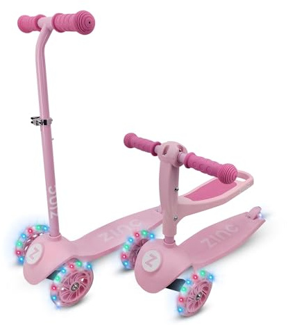 Zinc 3-In-1 Kids Scooter for Ages 1+ - Adjustable 3 Wheeled Scooter with Removeable Seat, Lean ‘n’ Steer, Rear Footbrake & Light Up Wheels – Perfect for Toddlers, Beginners, Boys & Girls, Pink