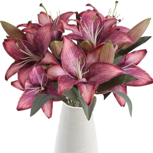 Libeking Flores artificiales de lirio de seda rosa, 6 unidades, flores rosas realistas, lirios artificiales, lirio de tigre vintage, flores artificiales para jarrón para ramo de boda, despedida de