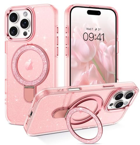 BENTOBEN Funda para iPhone 16 Pro Max con soporte, [anillo de soporte magnético] Inalámbrico delgado TPU Bumper Glitter Cover Case Funda para teléfono móvil iPhone 16 Pro Max 6,9, rosa