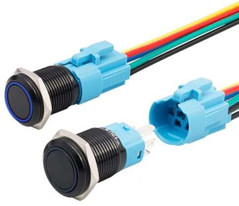 Bestgle 16mm Momentary LED Push Button Switch, IP65 Waterproof 1NO 1NC 5 Pin ON/OFF Switch Start Button with Wired Socket Plug for 5/8 Mounting Hole, Blue LED Ring 12V