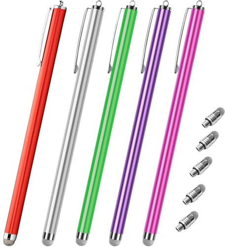 Extra Long Stylus pens for Touch Screens [5 Pack Fiber mesh Tips] Compatible for iPad iPhone Android Tablet Laptop Surface Chromebook High Sensitivity & Fine Point Capacitive Pen