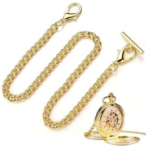 Zephyra Goldene Taschenuhrkette mit T-Bar – 37cm Metall Uhrkette für Herren & Damen, Klassische Kette für Weste, Karabinerverschluss, Vintage Uhrenkette als Accessoire oder Geschenk