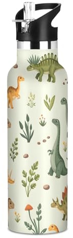 Dinosaur Leaves Stone Flowers Water Bottles for Boys Kids Stainless Steel Bottle Cups with Straw Lid Leakproof Insulated Flask Jug 20 oz