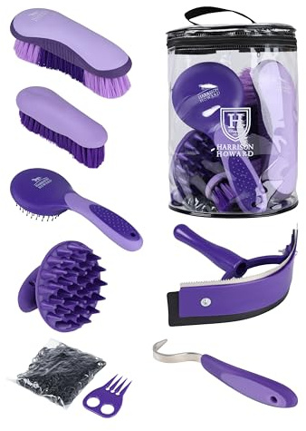 Harrison Howard Horse Grooming Kit, 7 Piece Horse Brush Set with Curry Comb, Hoof Pick, Sweat Scraper & Bag Purple