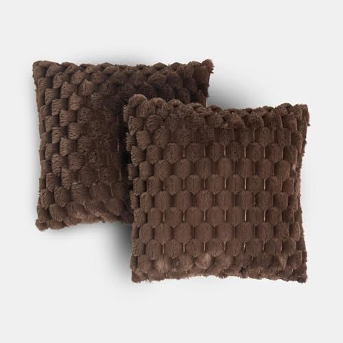 OHS Cushion Covers 45 x 45 Set of 2 Waffle Faux Fur Square Throw Pillow Covers Soft Decorative Cushion Cover with Invisible Zipper for Sofa Living Room Bedroom, Chocolate