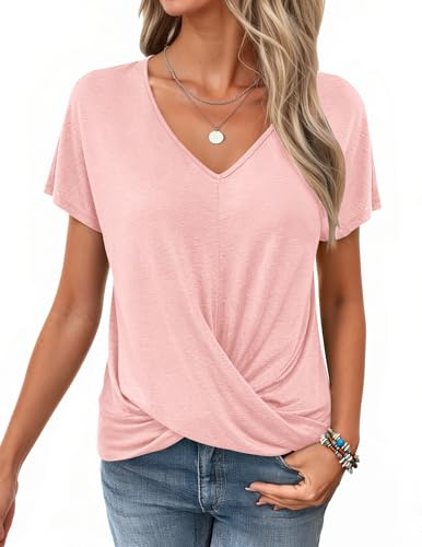 WNEEDU Tee Shirt Femme Col V Manches Courtes T Shirt Haut été avec Nœud Torsadé Top Blouse Chic et élégant