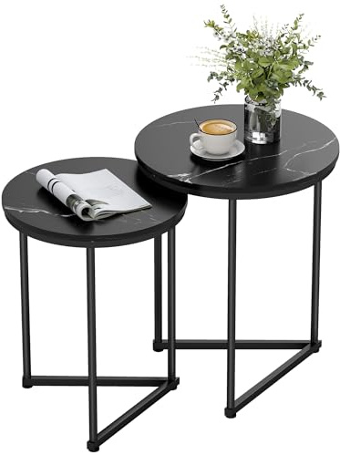 HOMCOM Nesting Coffee Table Set of 2 Round Metal Frame Black Marble Effect | Modern Nest of Tables, Living Room, Bedroom, Small Space