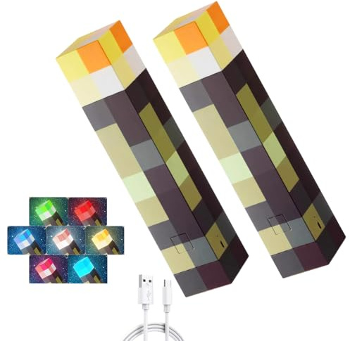 2 lámparas de pared con antorcha Miner Craft 28 cm lámpara de noche recargable USB Miner Game LED luces 7 colores mano o soporte de pared iluminación lámpara de noche para regalos, habitaciones y