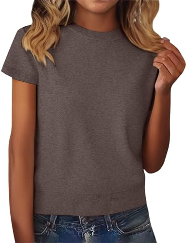 Blusa de verano de mezcla de lana con cuello redondo y manga corta para mujer, suéter de trabajo casual para negocios, para temporada cálida, uso diario