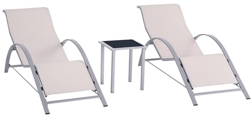 Outsunny Set 2 Sdraio da Giardino e Tavolino in Vetro, Lettino Prendisole con Tessuto Traspirante, 59x169x66cm, Crema