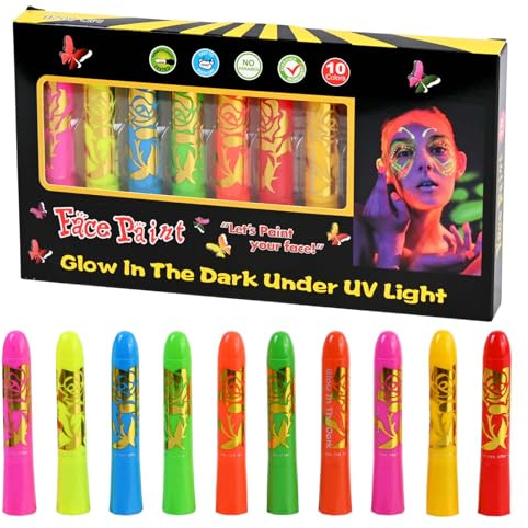 UV kroppsmålning, 10 färger neon UV sminkset, tvättbara sminkpennor, sminkfärger, lysande ansiktsmålningspennor för fest, halloween, karneval, smink, karneval