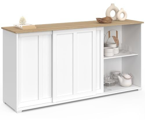 IDMarket - Aparador JANGO 160 cm con 3 puertas correderas blancas y tablero de madera