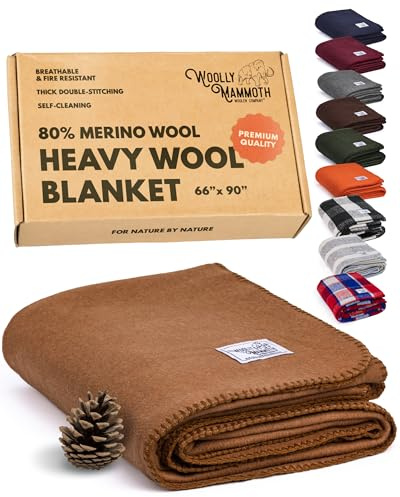 Woolly Mammoth Merino Wool Blanket - Large 66 x 90, 4LBS Camp Blanket | Throw for the Cabin, Cold Weather, Emergency, Dog Camping Gear, Hiking, Survival, Army, Outside, Outdoors – Tan