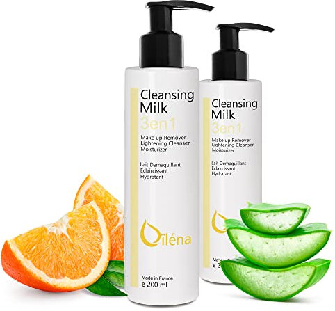 Leche Facial, Desmaquillante, con Vitamina E y Aloe Vera, 3en1, Limpiador de Poros, Antimanchas, Leche Hidratante, Waterproof, Contorno de Ojos, Corrector Ojeras, Elimina las manchas, 2 x 200 ml
